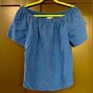 Off the Shoulder Ruffle Sleeve Top M Blue